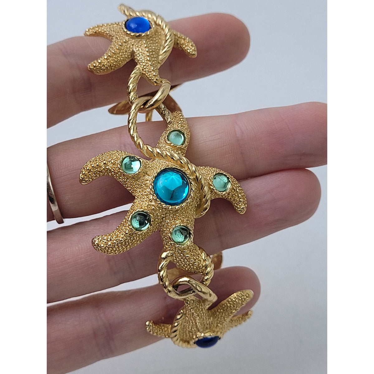VTG 80s Trifari Gold-Tone Starfish Bracelet w Blue & Green Cabochon Stones EUC