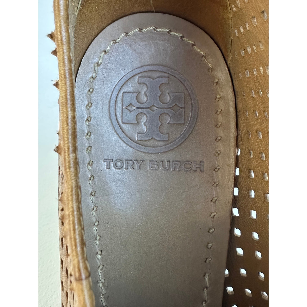 Tory Burch Camel Perforated Leather Victor Lace-Up Wedge Booties Women's Sz 9