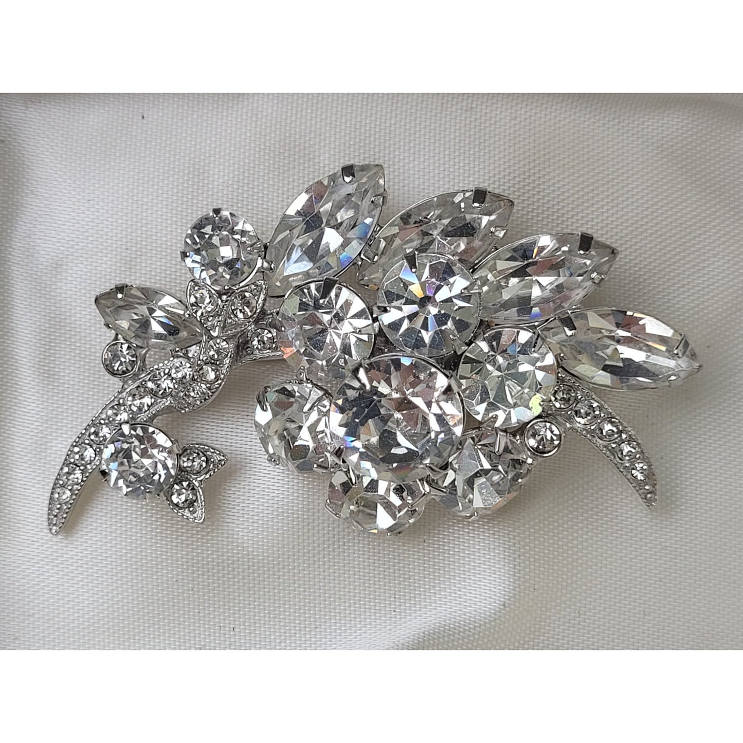 Vintage Signed Eisenberg Rhinestone Flower Spray Brooch in Branded Box