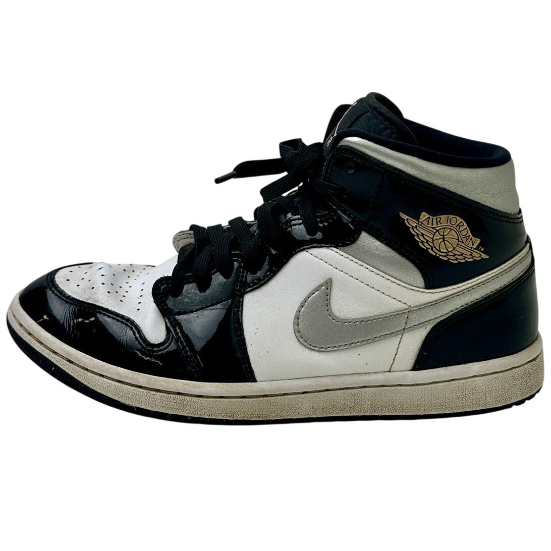 Nike Air Jordan 1 Mid SE Patent Black White Metallic Silver Men's Sz 8.5