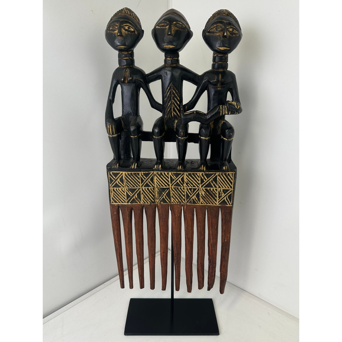 Hand-Carved Wood Triple Ashanti Prestige Comb on Stand