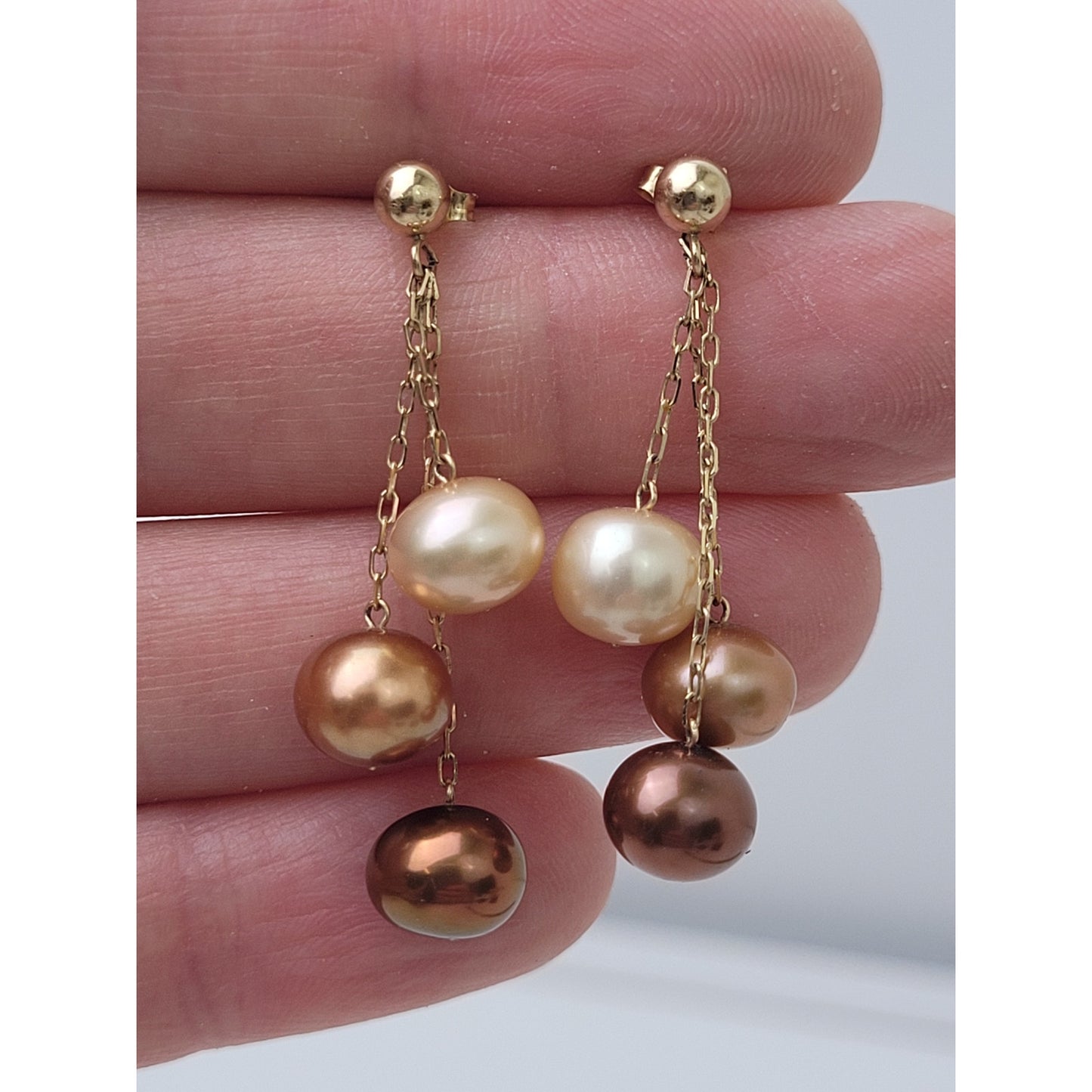VTG 14K Yellow Gold Three Strand Genuine Pearl Drop Dangle Earrings