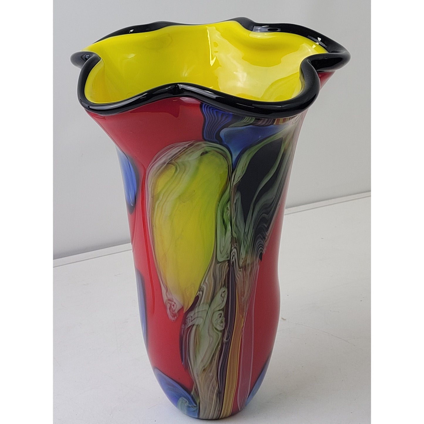 VTG Hand-Blown Murano Glass Handkerchief Vase Vibrant Red Multicolor 13.5" Tall
