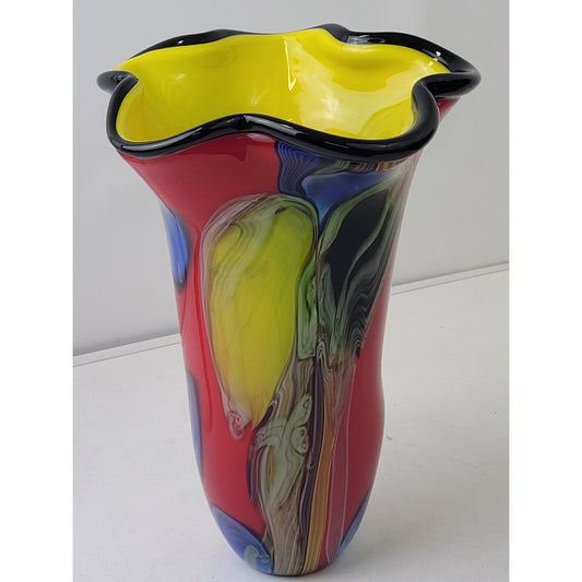 VTG Hand-Blown Murano Glass Handkerchief Vase Vibrant Red Multicolor 13.5" Tall