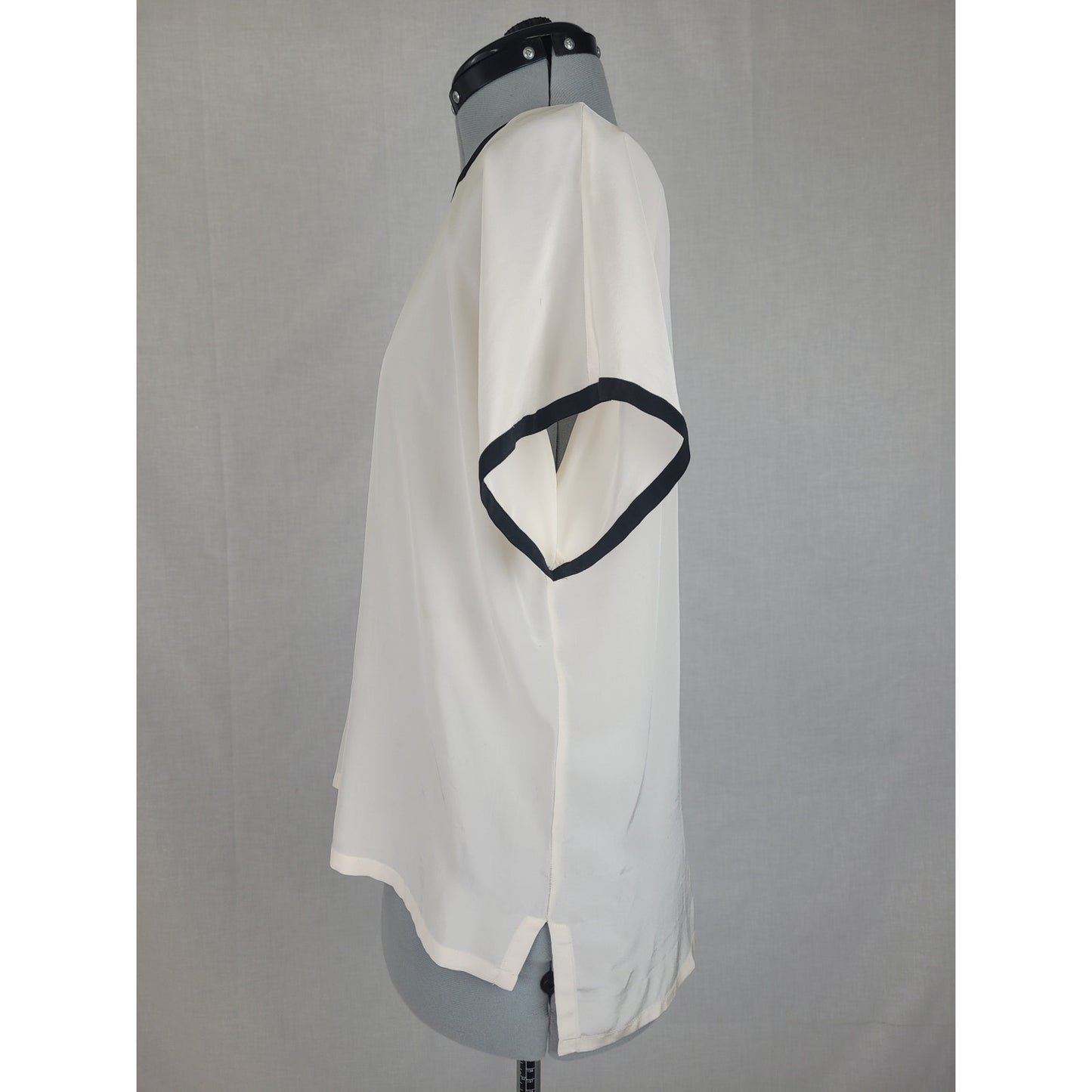 Vintage Christian Dior Ivory Silk Blouse Black Trim Square Neckline Sz S/M