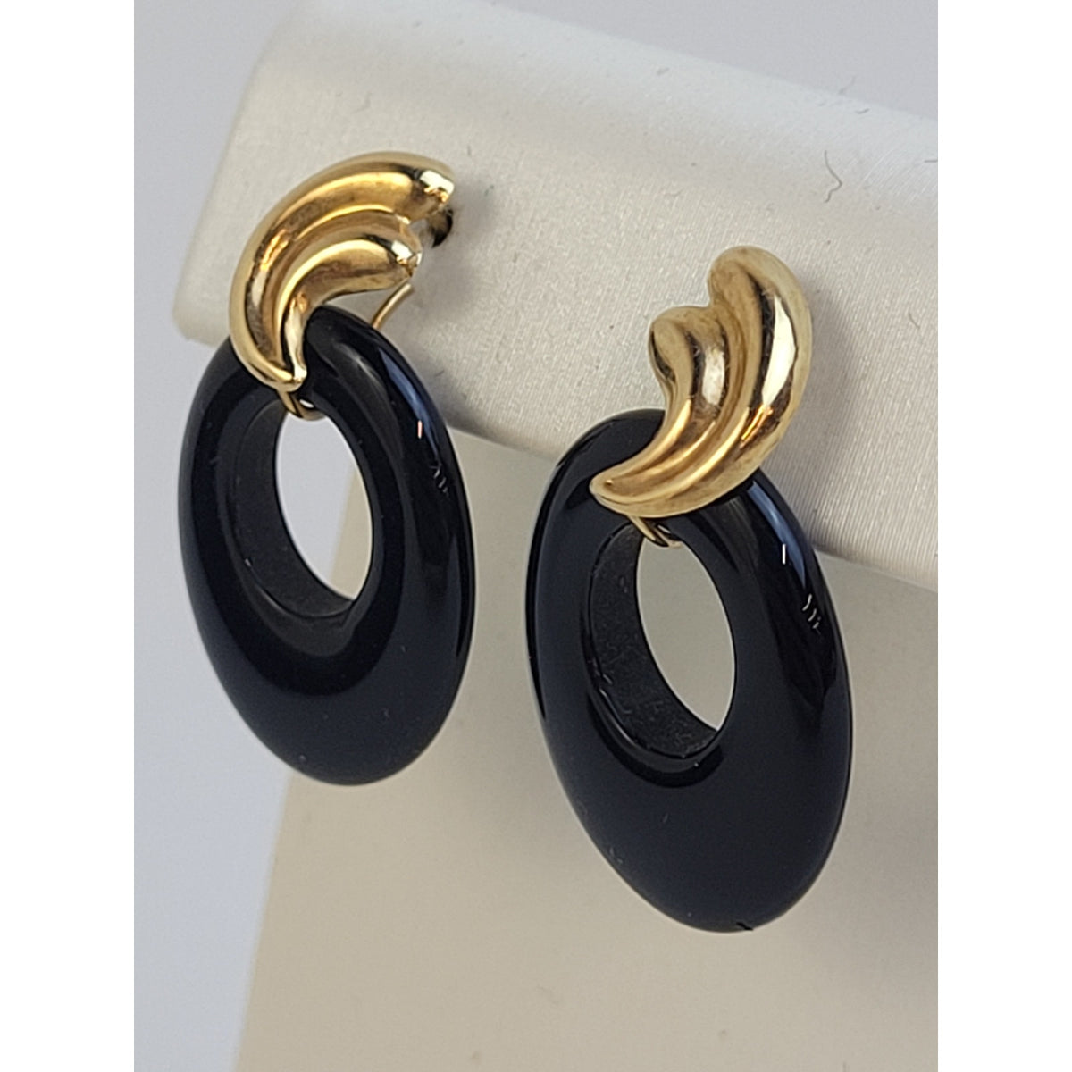 Vintage 14K Yellow Gold & Onyx Drop Dangle Earrings | 27mm Long | 3.19 Grams