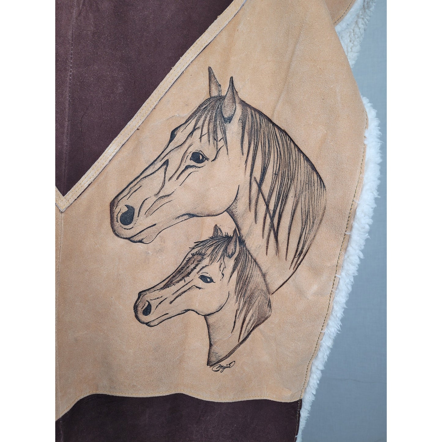 Mexican-made Western-style Leather Poncho w Fringe Cowboy and Horse Design