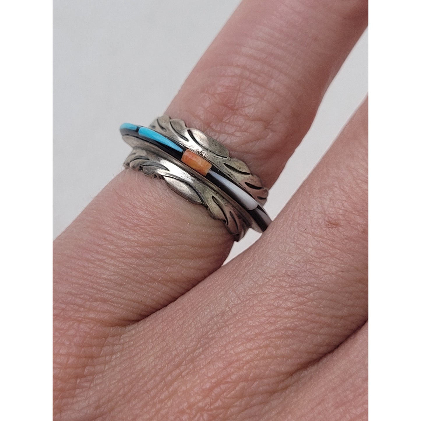 Vintage Native American Sterling Silver Ring Multi-Stone Inlay | Sz 3.75