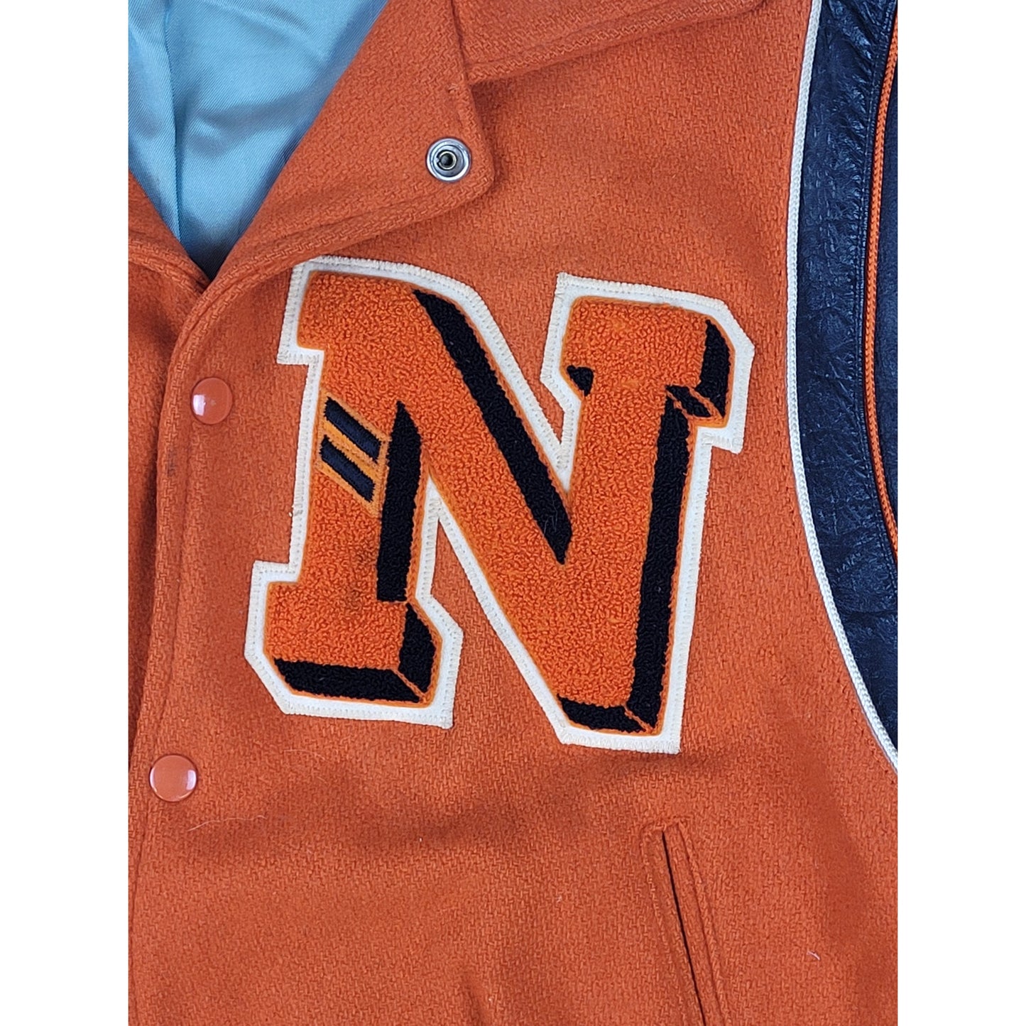 Vintage 1970s Fab-Knit Orange Varsity Jacket Wool w Leather Trim Men's Sz 40