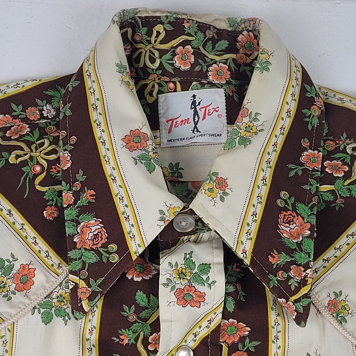 VTG 1970s Tem Tex Western Pearl Snap Floral Print Shirt Men's Sz S