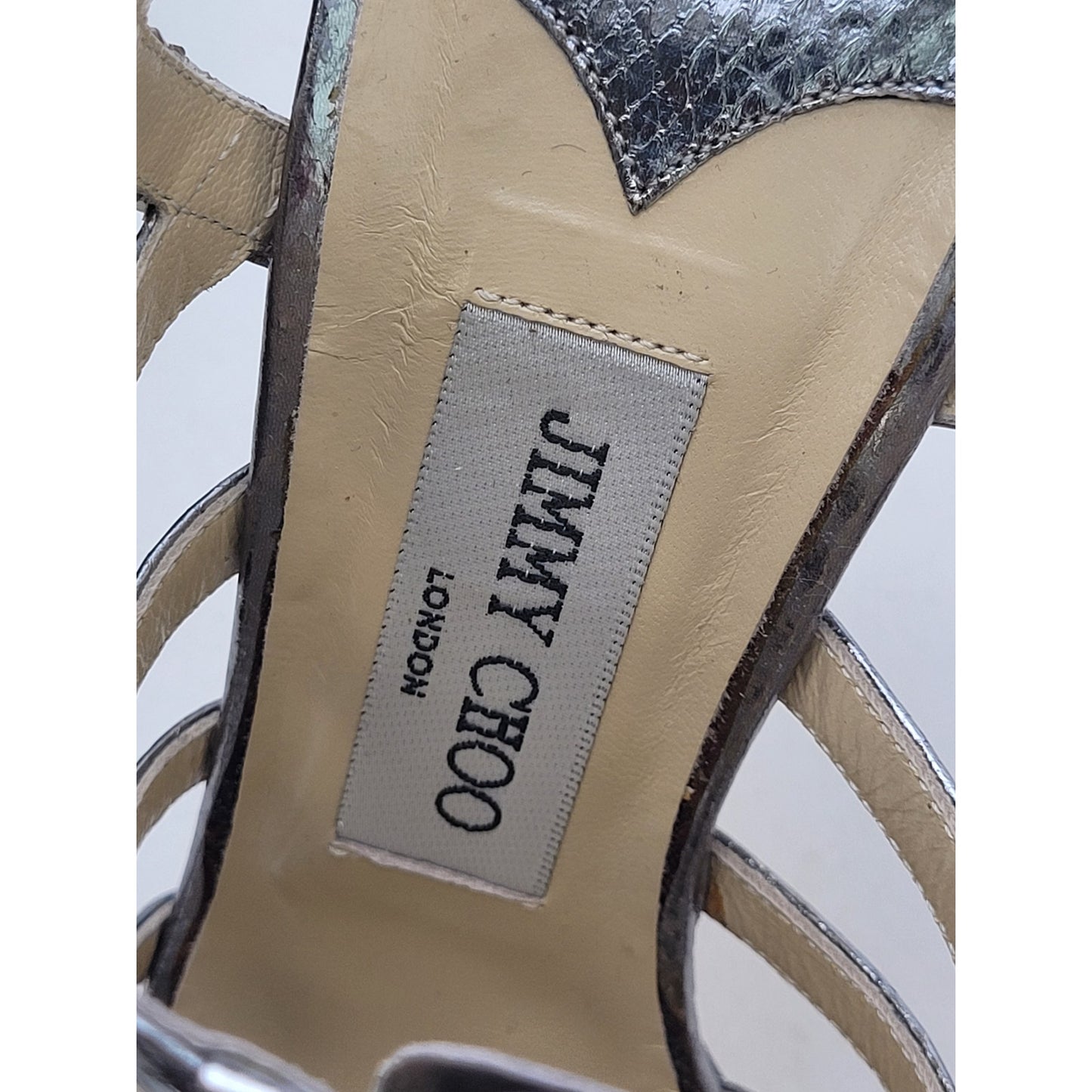 Jimmy Choo Glenys Gladiator Sandals High Heels Silver Snakeskin Print Sz 38 1/2