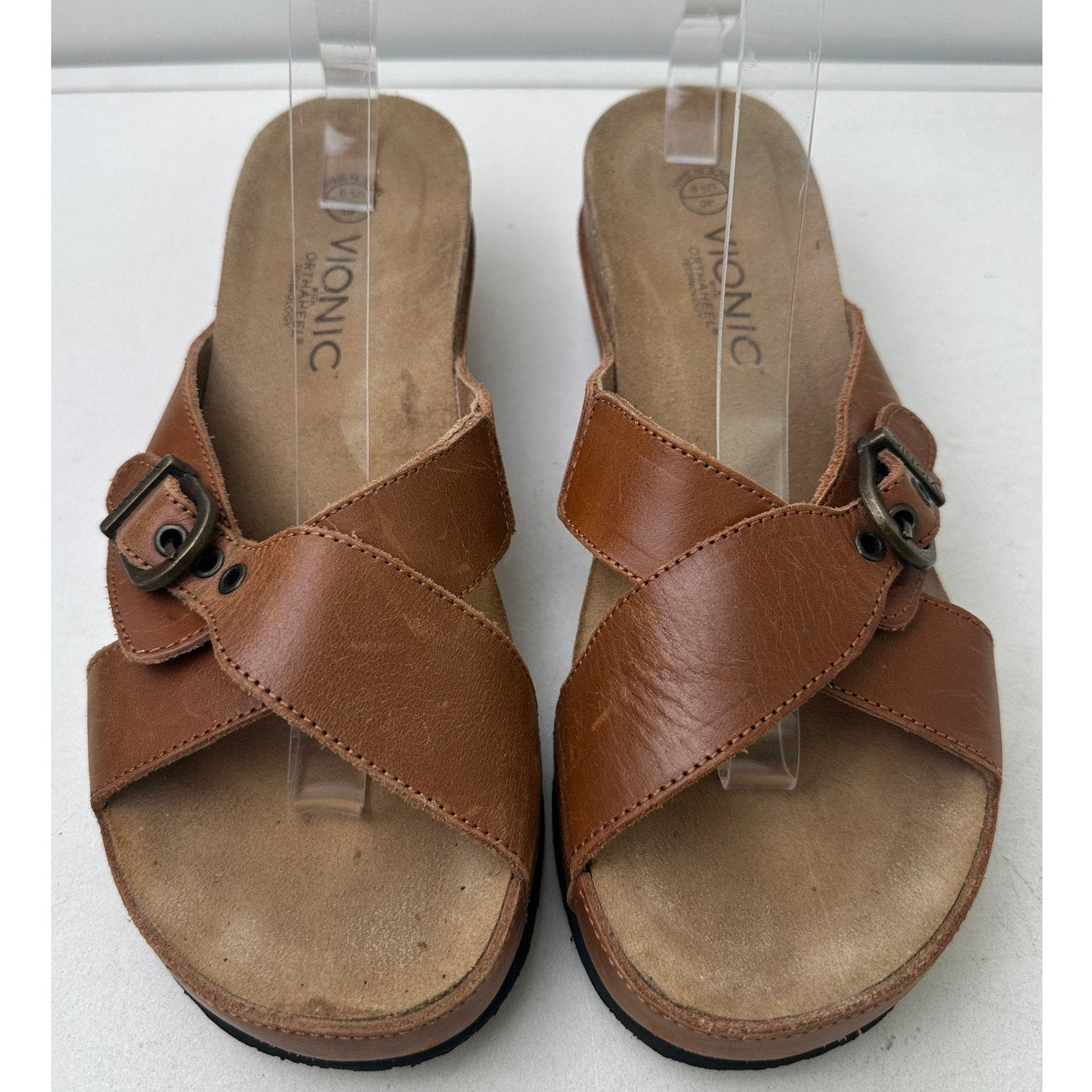 Vionic Orthaheel Mallorca Brown Leather Wedge Slide Sandals Women's Sz 9