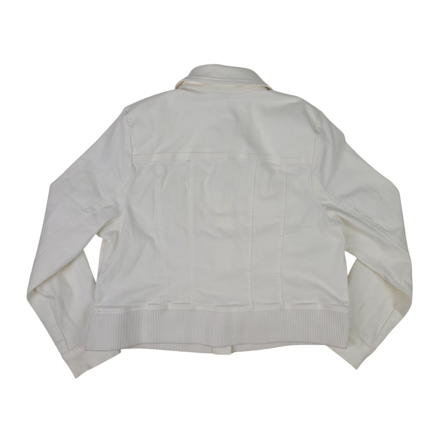 Cabi Everyday Trucker Jacket White Stretch Denim Ribbed Knit Hemline Sz XL