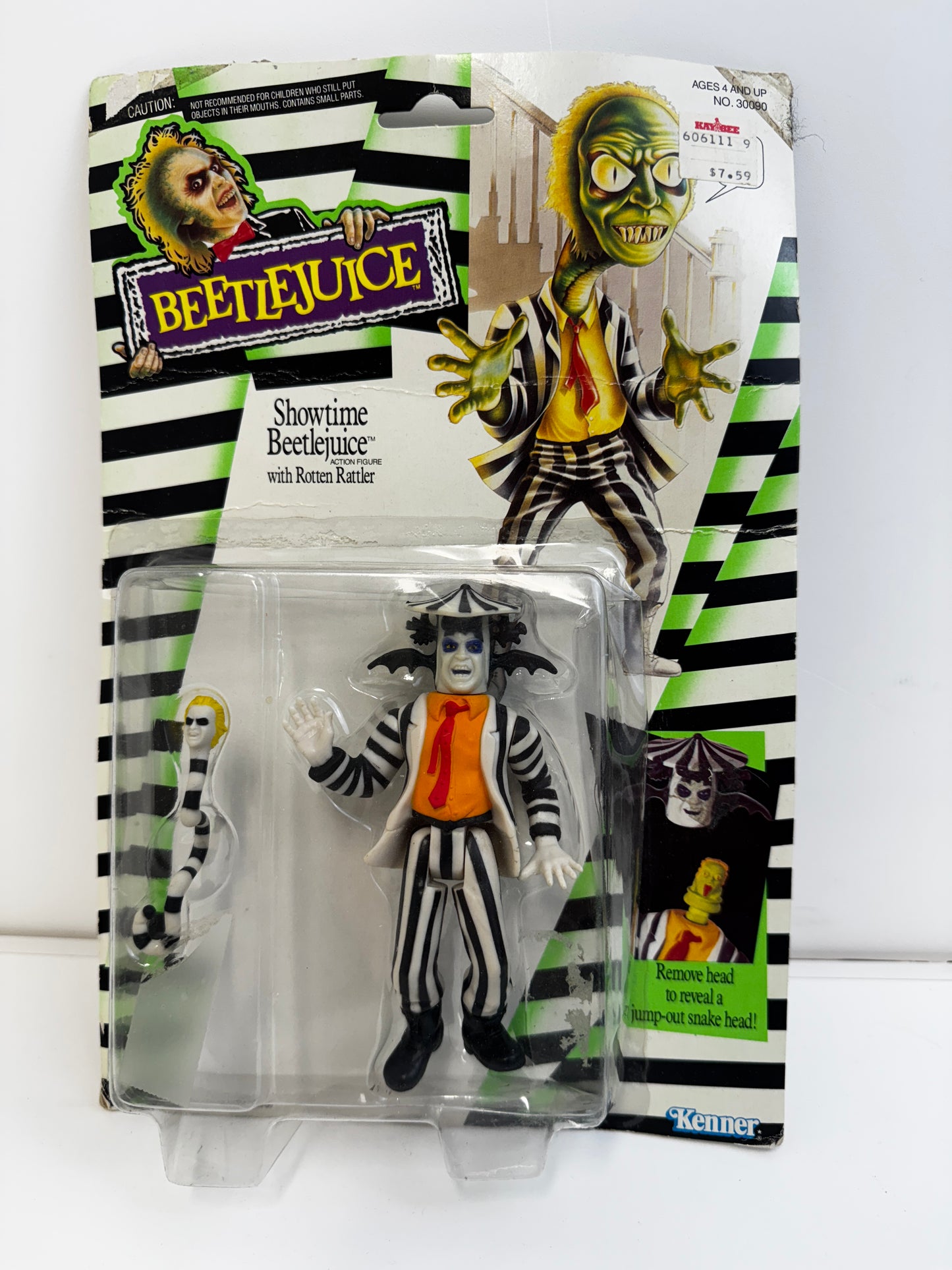 Vintage Beetlejuice Showtime Rotten Rattler Kenner 1989, Worn Packaging