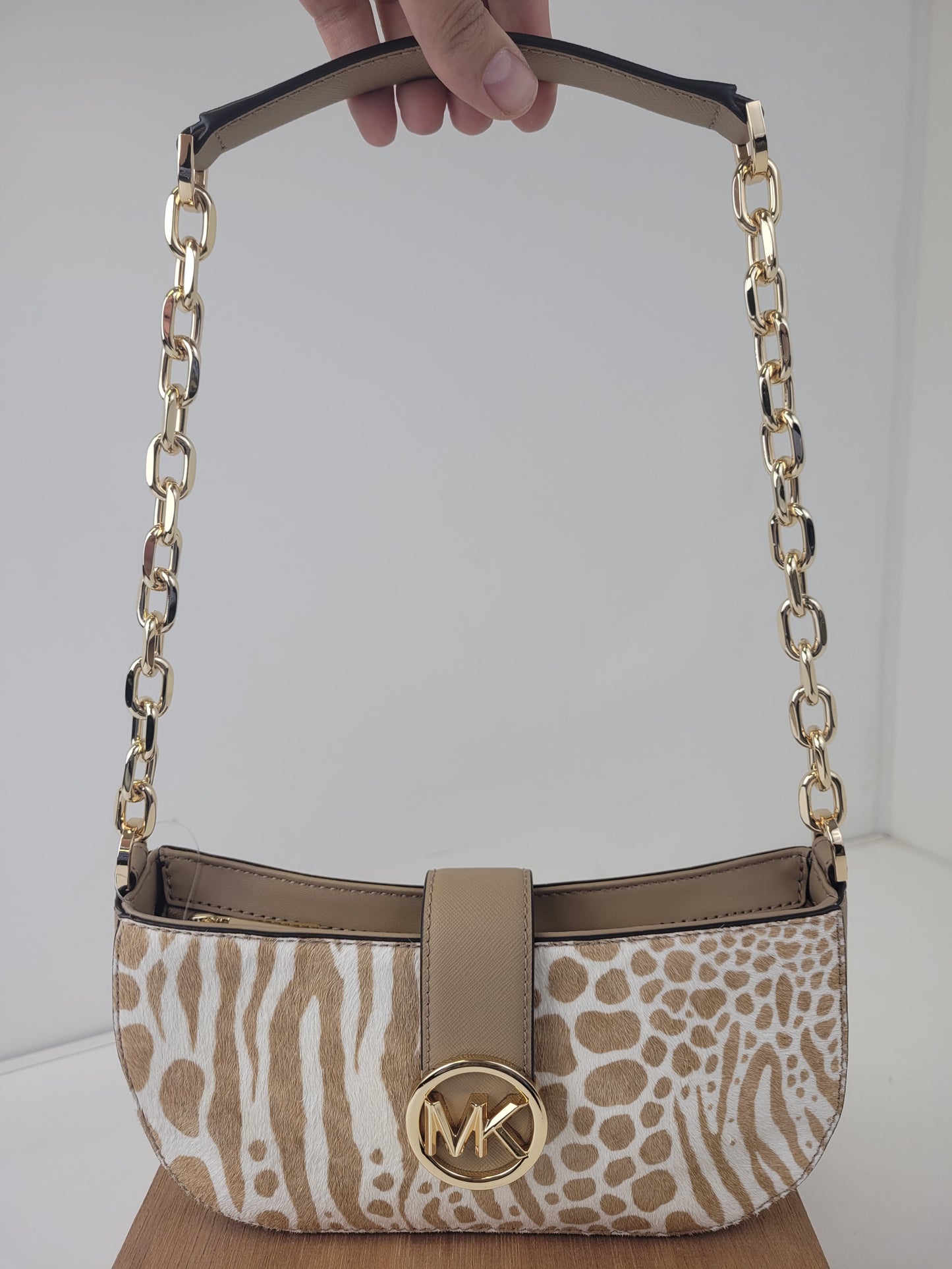 Michael Kors Carmen Calf Hair Shoulder Bag with Gold Chain Strap Retail $448
