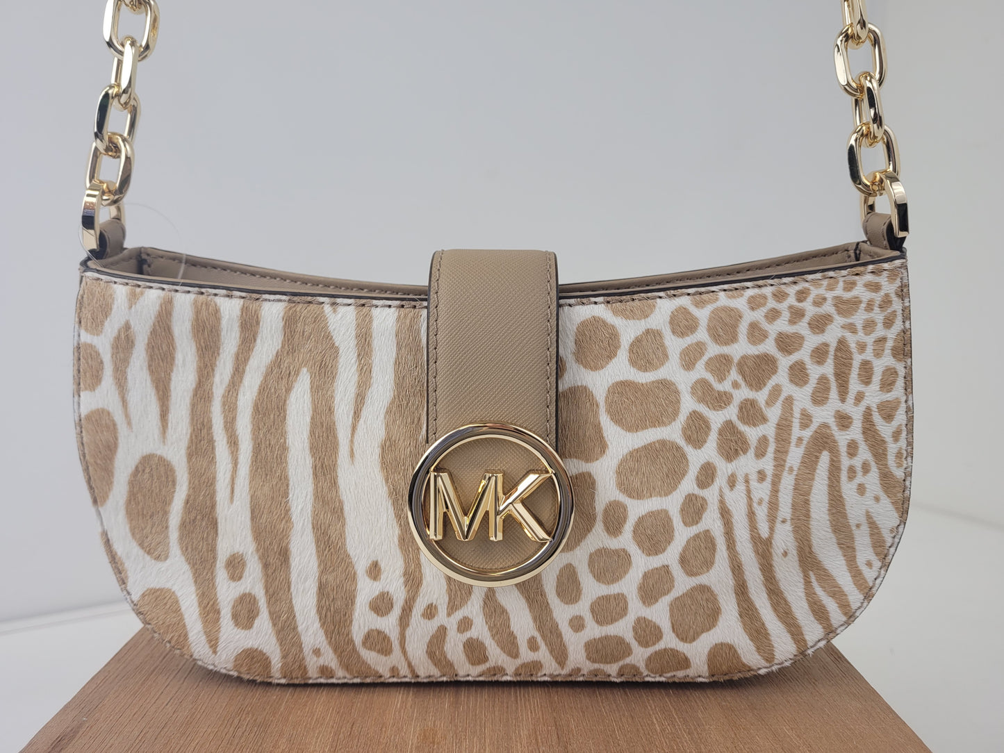 Michael Kors Carmen Calf Hair Shoulder Bag with Gold Chain Strap Retail $448