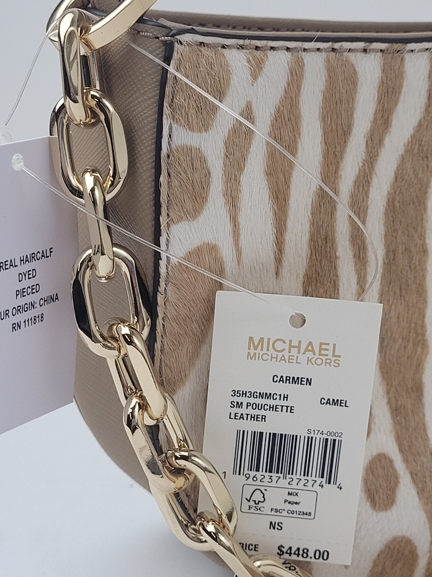 Michael Kors Carmen Calf Hair Shoulder Bag with Gold Chain Strap Retail $448