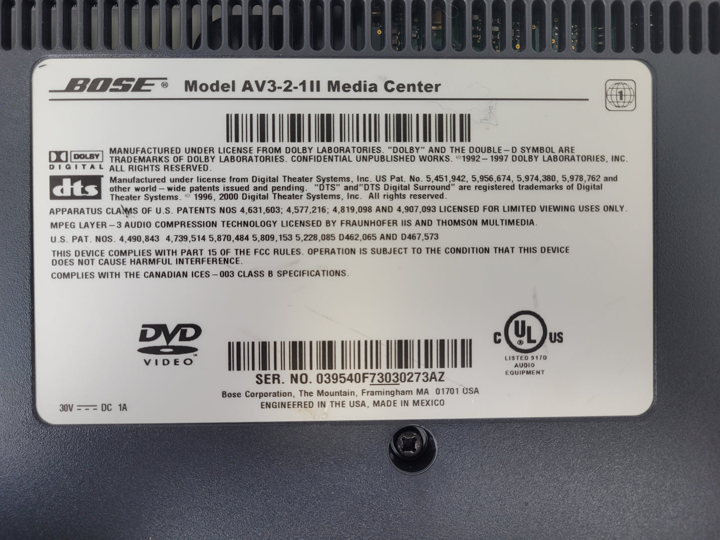 BOSE Model AV3-2-1 II Sound System Media Center Console, Speakers & Remote (Untested)