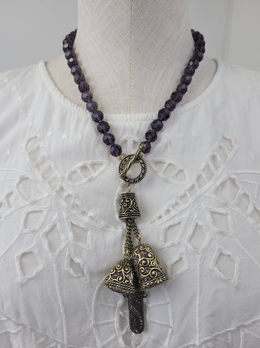 Heidi Daus Matching Necklace Earrings Bracelet Ring Set Gold Tone Metal & Purple Beads/Rhinestones