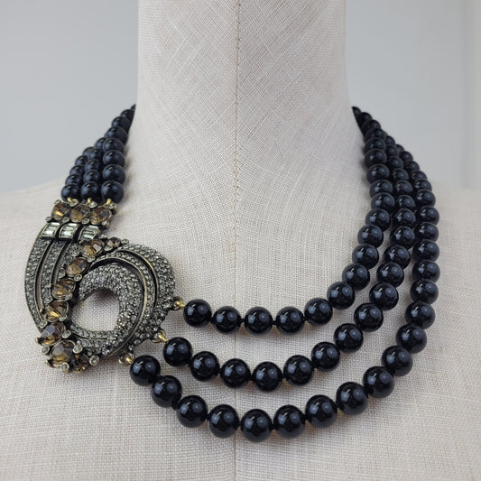 Heidi Daus 3-Strand Art Deco Beaded Necklace w Rhinestone-encrusted Accent