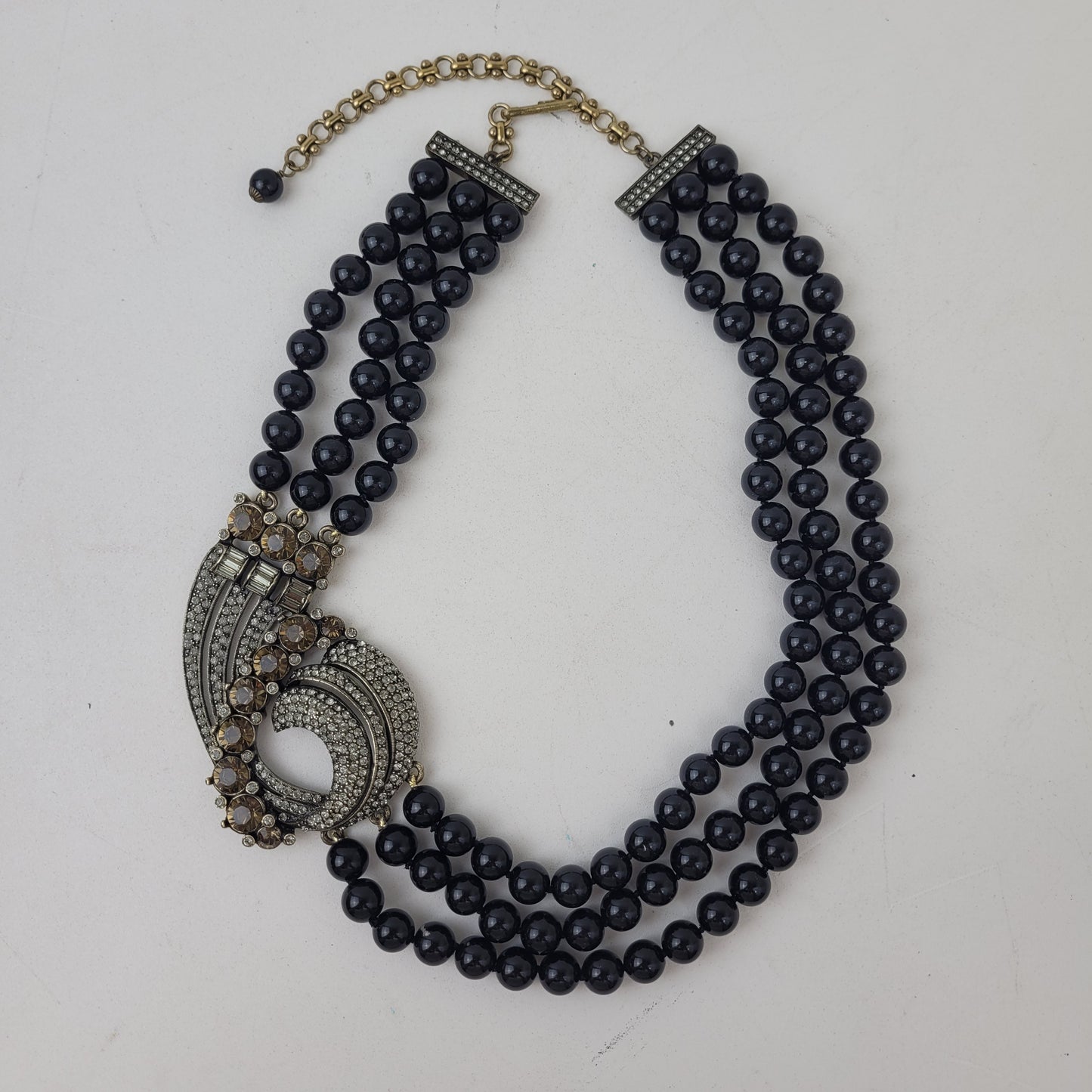 Heidi Daus 3-Strand Art Deco Beaded Necklace w Rhinestone-encrusted Accent