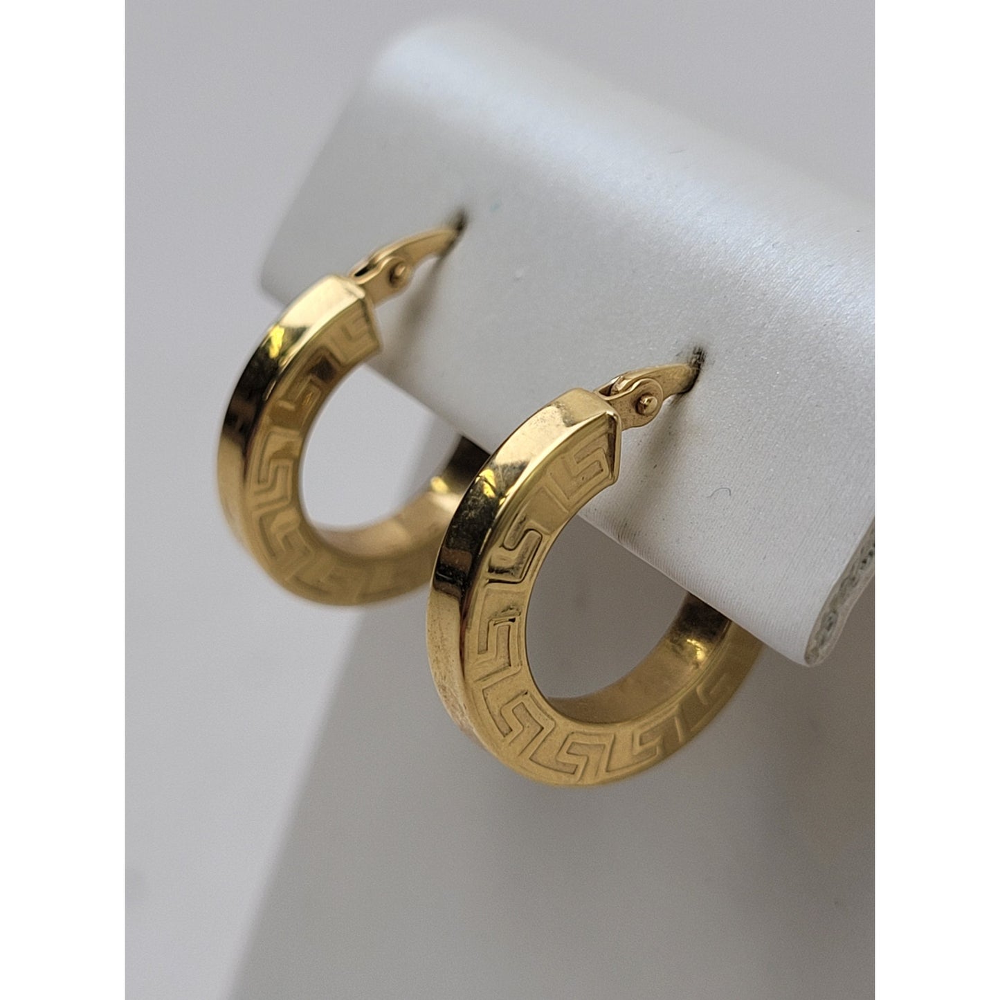 18K Yellow Gold Greek Key Huggie Hoop Earrings Made in Italy | 15mm | 1.61 Grams