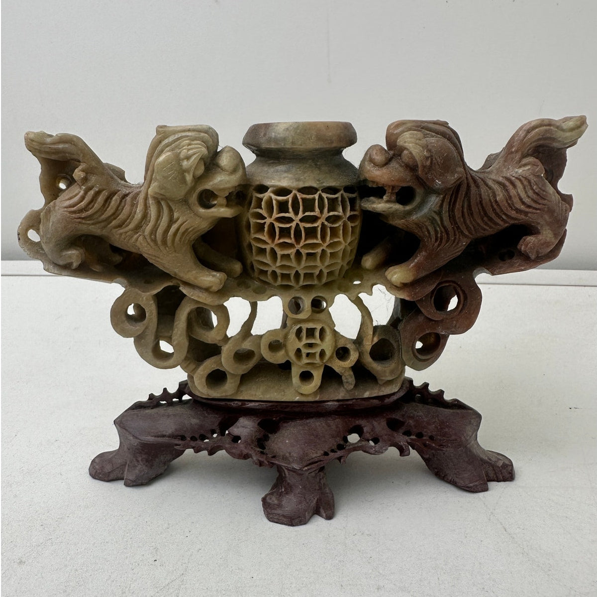 Vintage Chinese Hand-Carved Soapstone Foo Dog Incense Burner & Censer