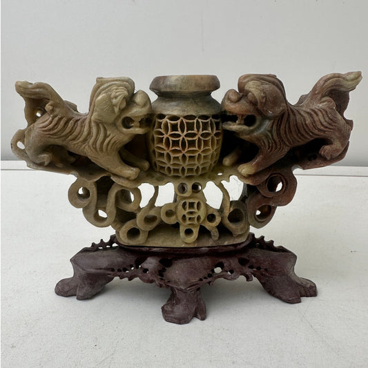 Vintage Chinese Hand-Carved Soapstone Foo Dog Incense Burner & Censer
