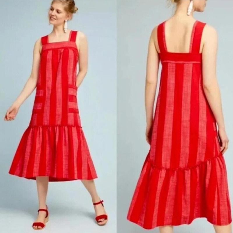 Anthropologie Maeve Tonal Striped Sleeveless Midi Dress Red Palette Sz M