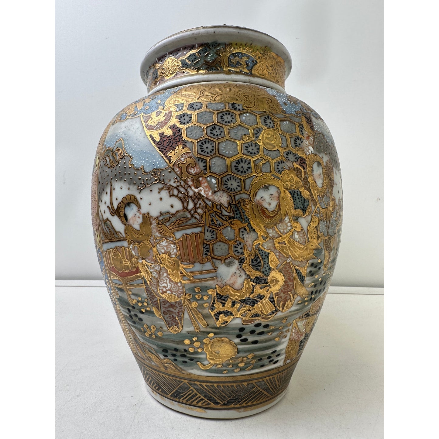 Vintage Japanese Satsuma Moriage Koro Incense Burner W/ Pierced Lid