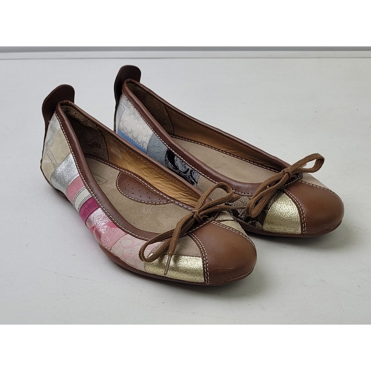 Coach Jenilee Brown Blue Pink Patchwork Ballet Flats Leather Insole Sz 8.5