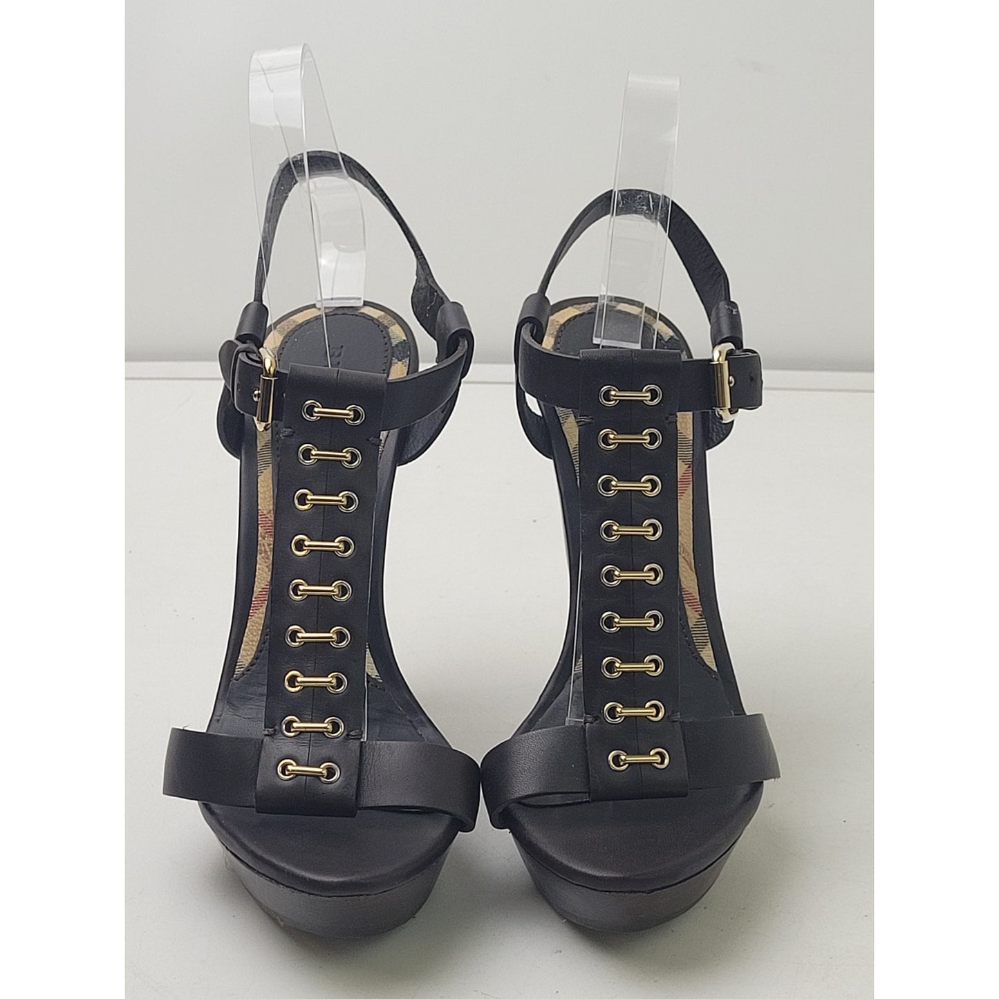Burberry Brown Leather Gold-Tone Hardware T-Strap Sandals High Heels Sz 38 1/2