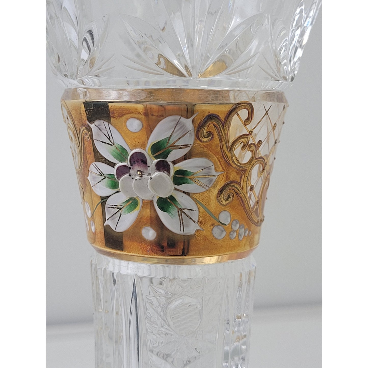 Vintage Poltar Slovakian Lead Crystal Vase Hand Cut Hand Painted 9 1/4"