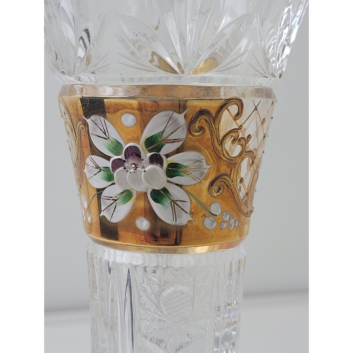 Vintage Poltar Slovakian Lead Crystal Vase Hand Cut Hand Painted 9 1/4"