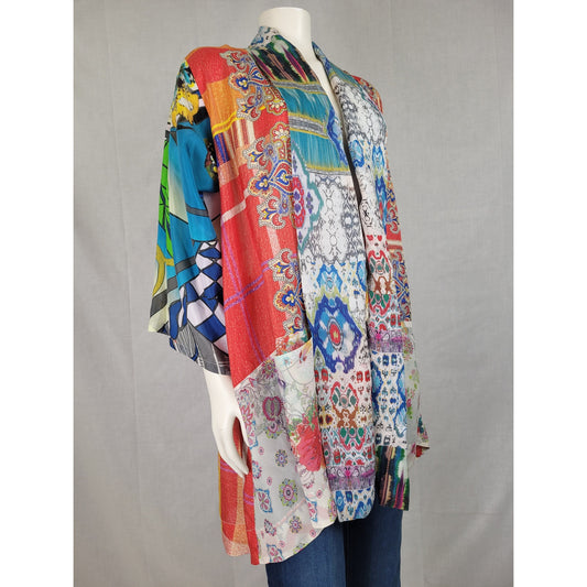 Johnny Was Multicolor Patchwork Silk Kimono Jacket Bohemian Style Sz S