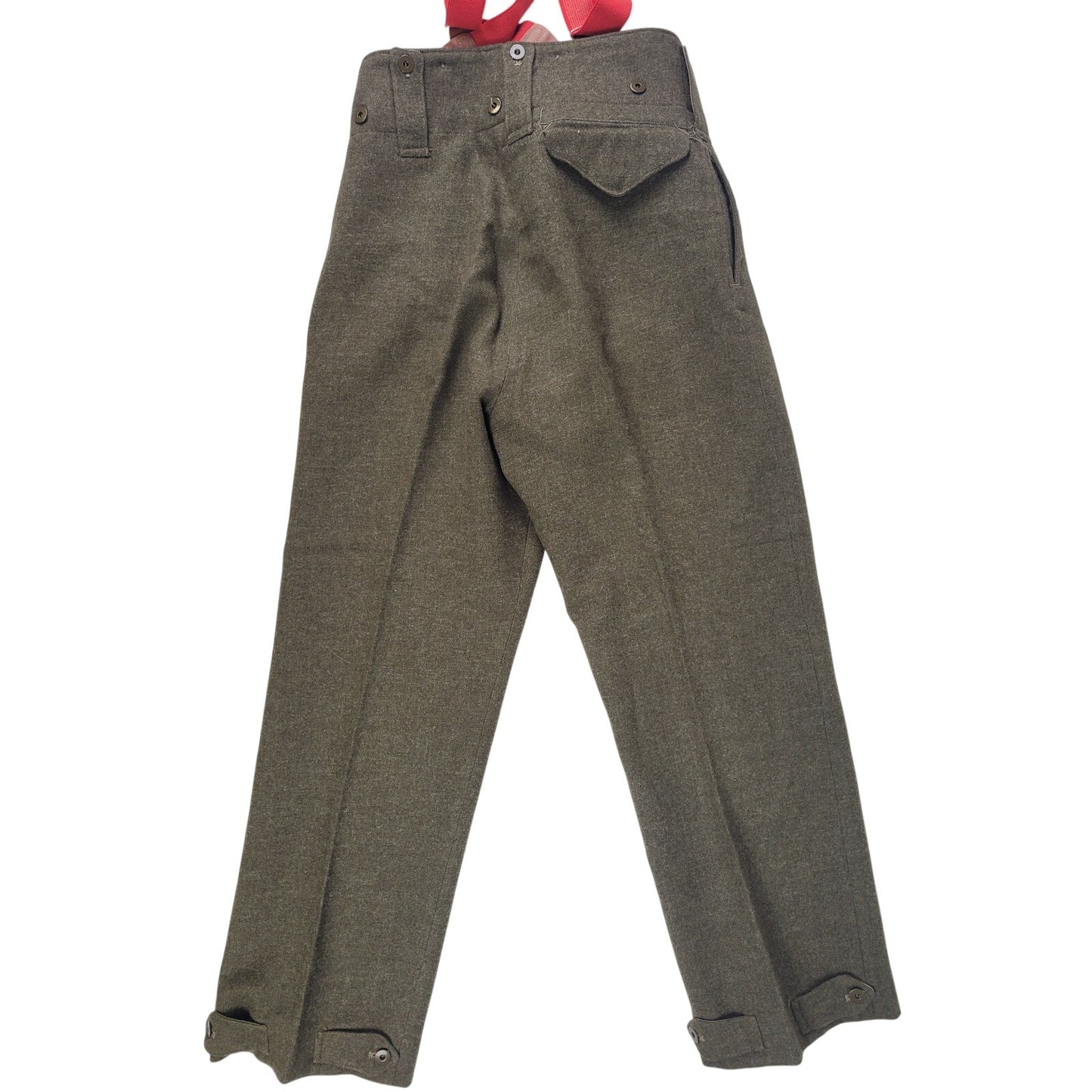 Vintage 1950s Miliary Green Wool Field Pants with Red Suspenders Men's Sz 33X30