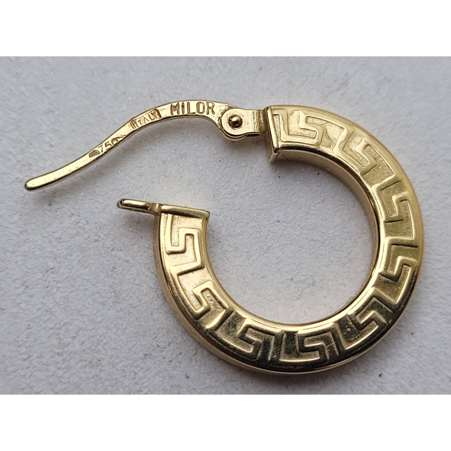 18K Yellow Gold Greek Key Huggie Hoop Earrings Made in Italy | 15mm | 1.61 Grams