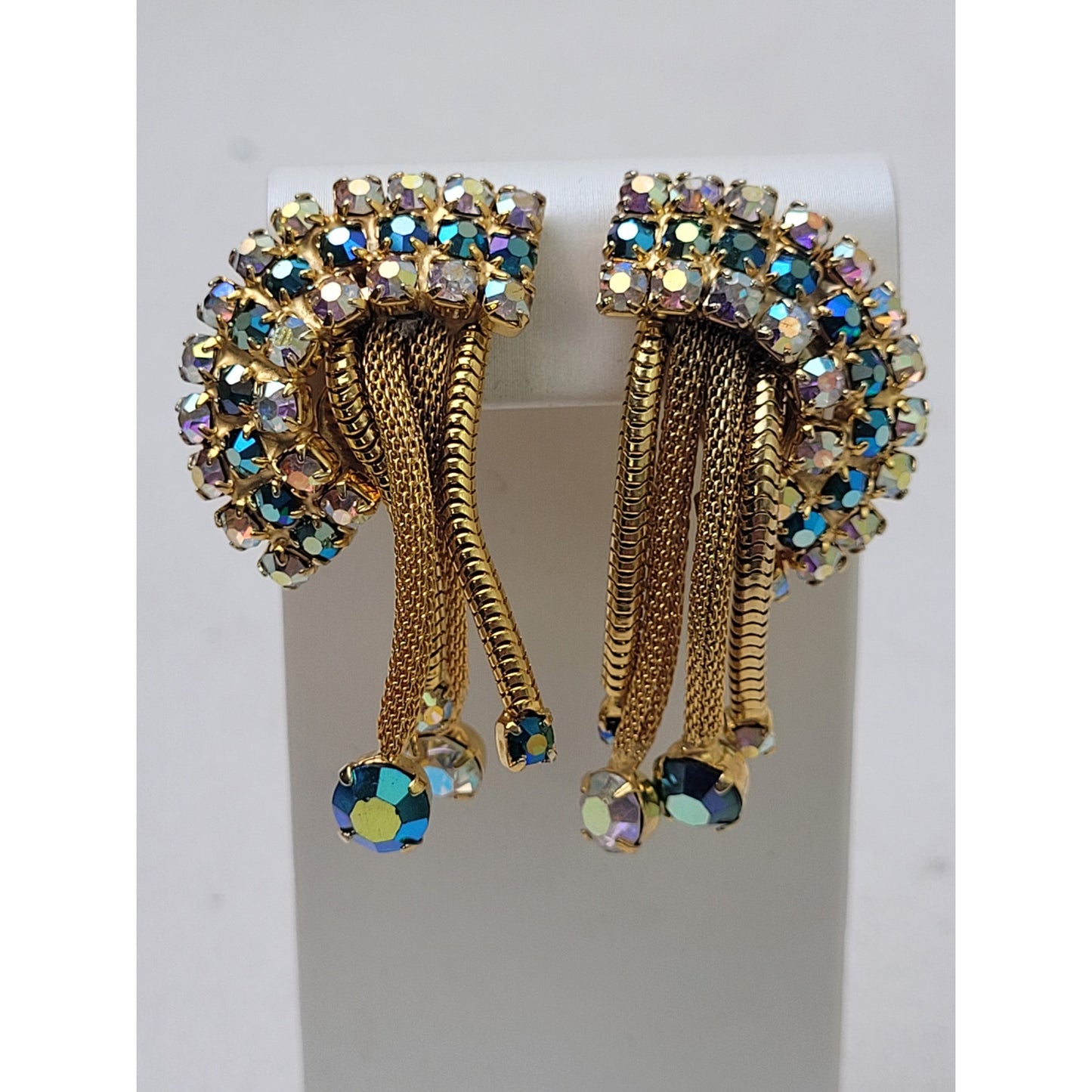 Vintage Gold-Tone Aurora Borealis Rhinestone Multi-Strand Necklace/Earrings Set