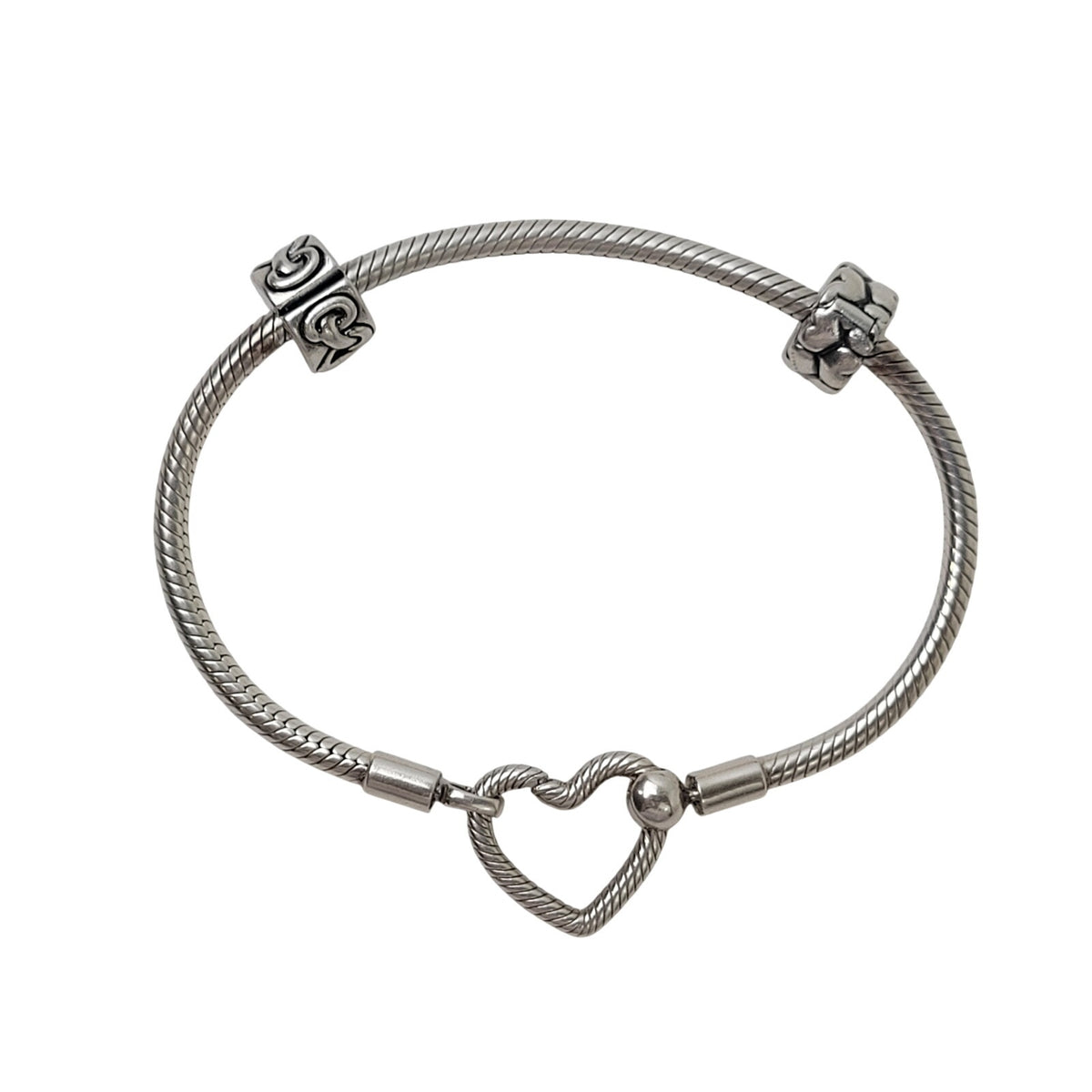 Pandora Moments Heart Closure Snake Chain Bracelet Sterling Silver + Charms