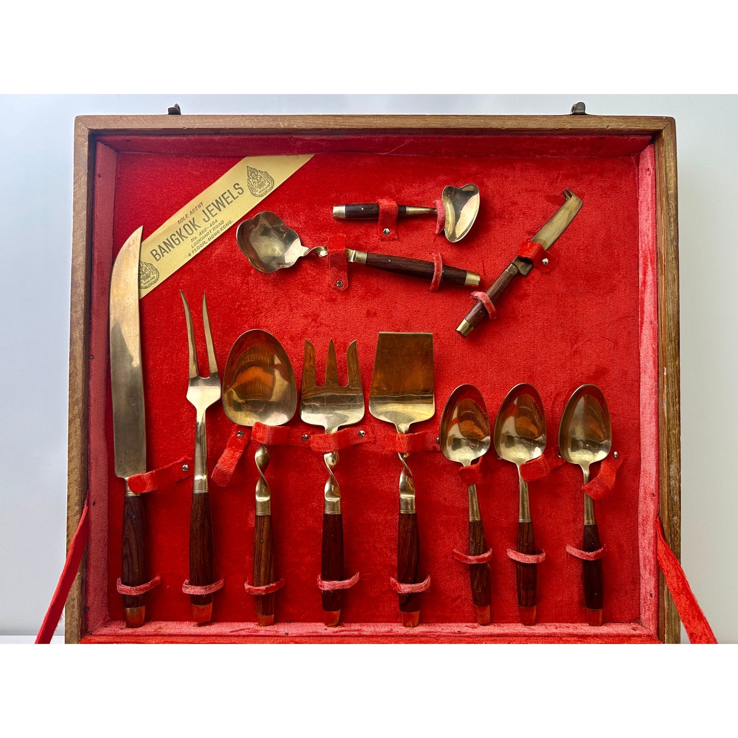 Vintage Bangkok Jewels Thai Bronze & Rosewood 59 PC Flatware Set