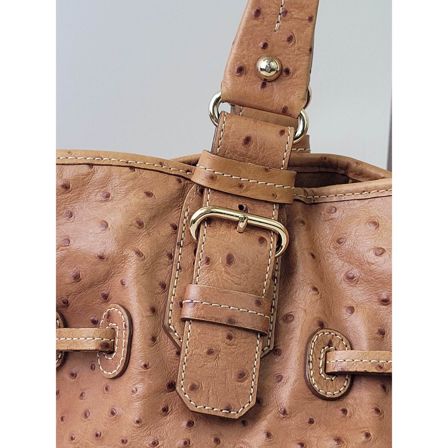 Dooney & Bourke Large Satchel Brown Ostrich-Embossed Leather Gold-Tone Hardware