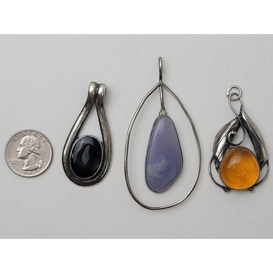 Lot of 3 Sterling Silver Pedants w Baltic Amber, Blue Chalcedony, & Onyx Stones