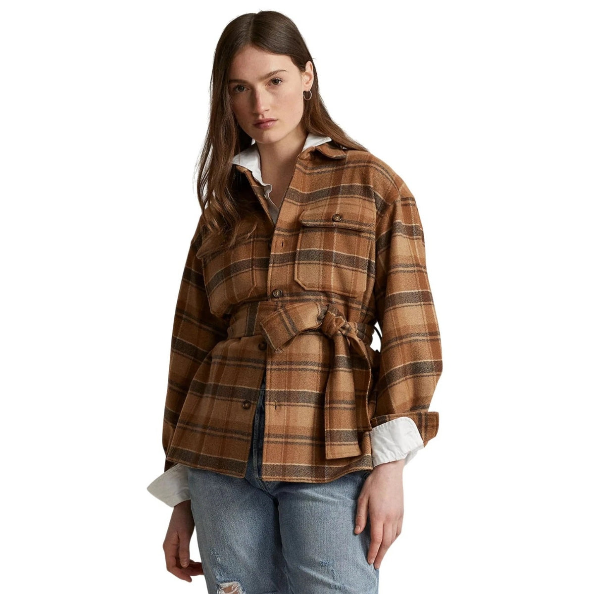 Polo Ralph Lauren Belted Wool-Blend Twill Shirt Brown Multi-Plaid Women's Sz 2