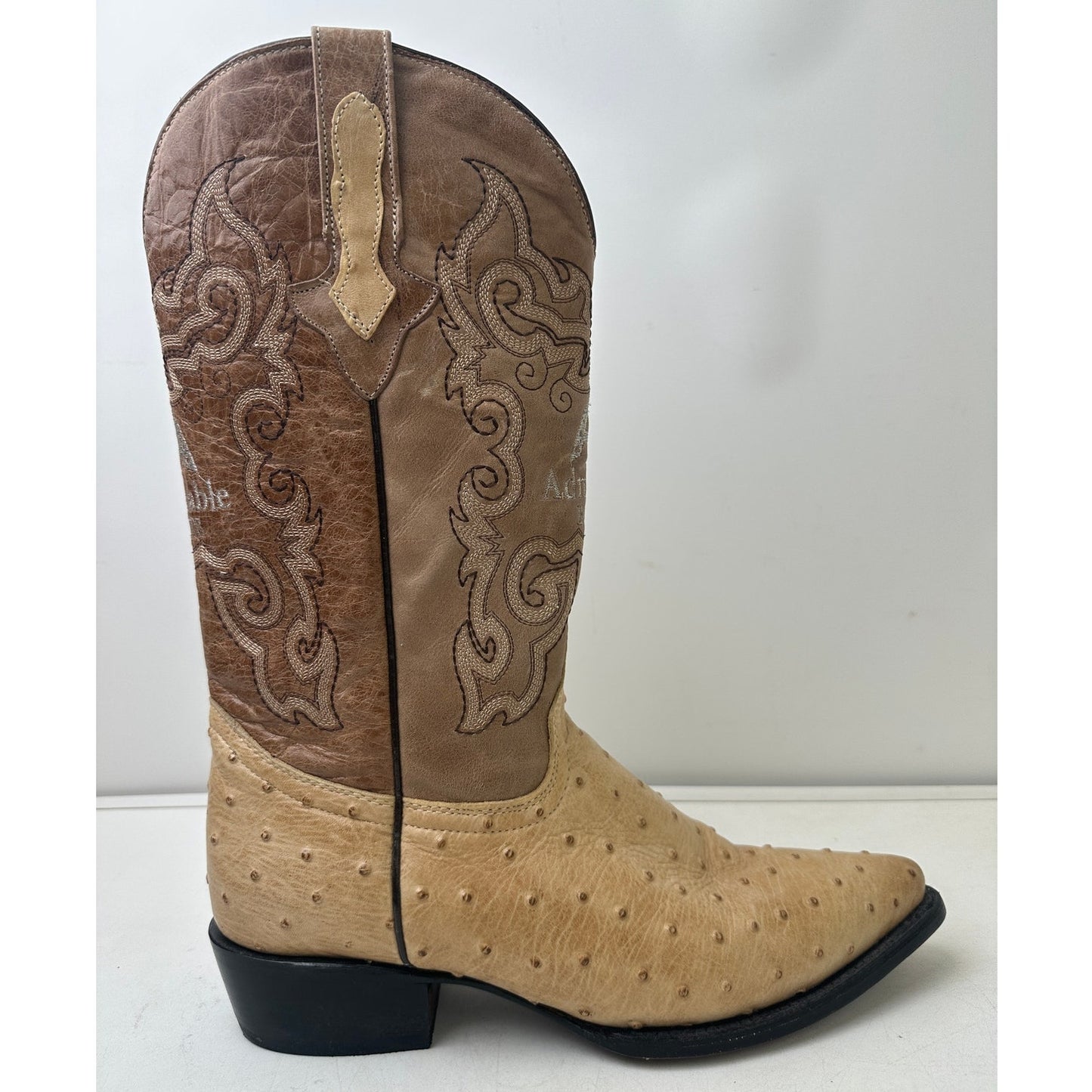 Admirable Handcrafted Ostrich Print Leather J-Toe Cowboy Boots Men's Sz 10