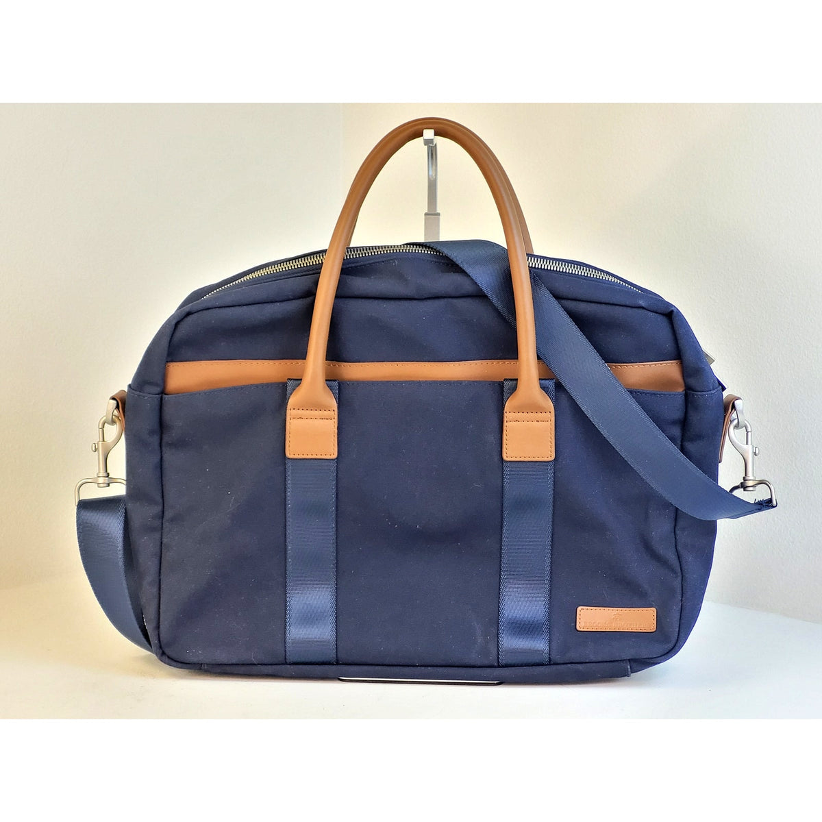 Brooks Brothers Wells Briefcase Navy Blazer Colorway w Brown Leather Handles EUC
