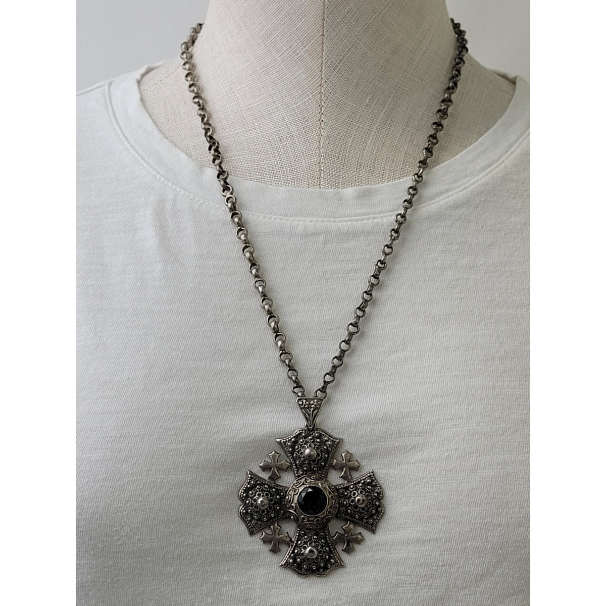 Vintage Sterling Silver Jerusalem Cross Green Stone Pendant on Thick Rolo Chain