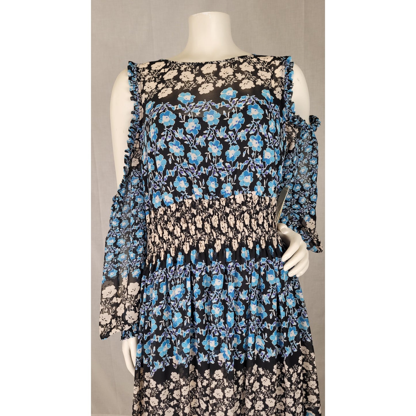 Eliza J Patterned Blue Beige Maxi Dress w Cold-Shoulder Detailing Women's Sz 14