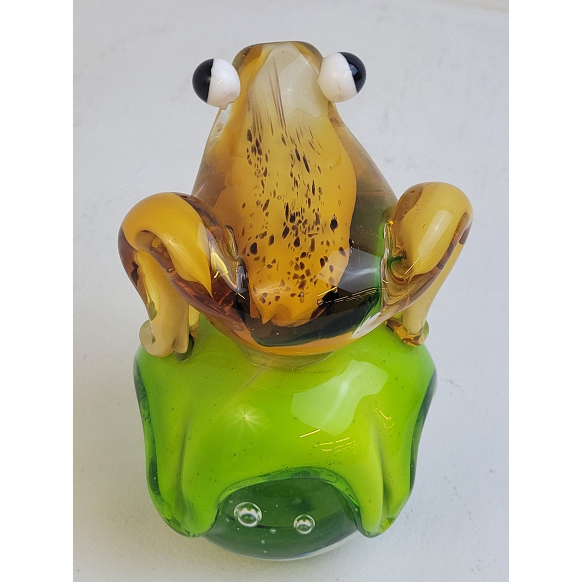 Vintage MCM Murano-Style Art Glass Frog on Lily Pad Green & Yellow
