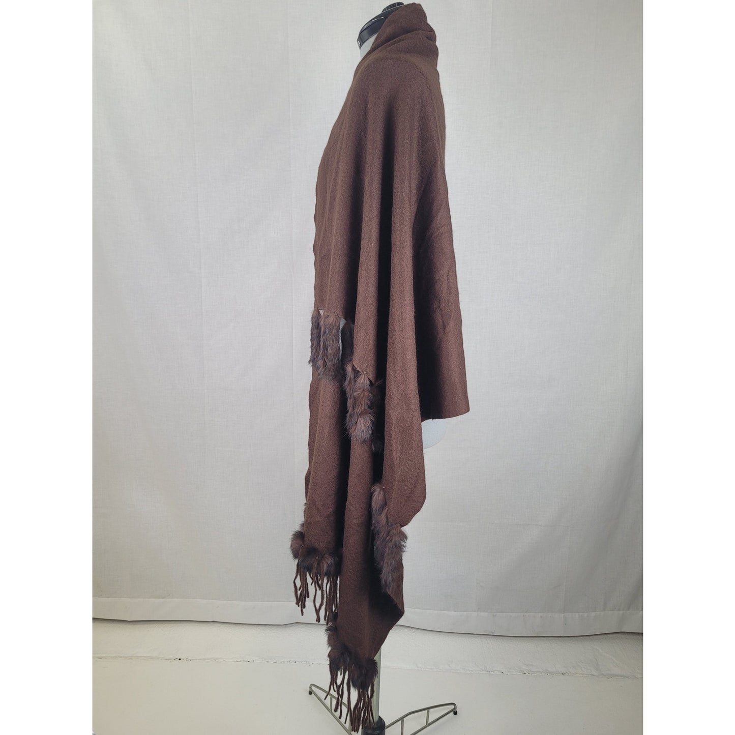 Vintage Brown Cashmere Shawl Scarf Rabbit Fur Trim and Fringe