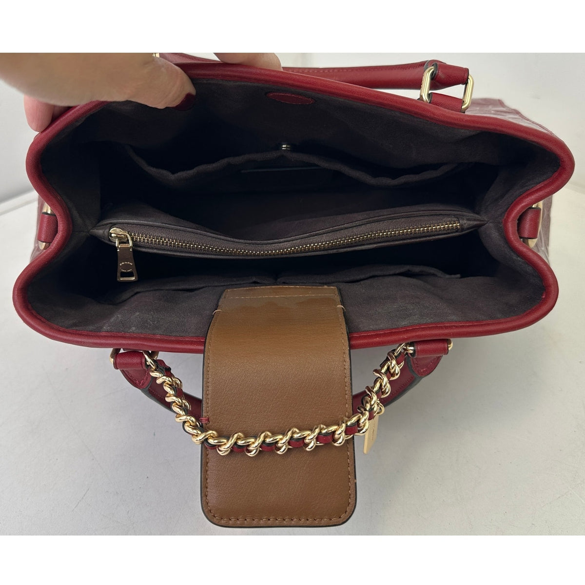 Coach Signature Debossed Patent Leather Cherry Red Small Margot Carryall